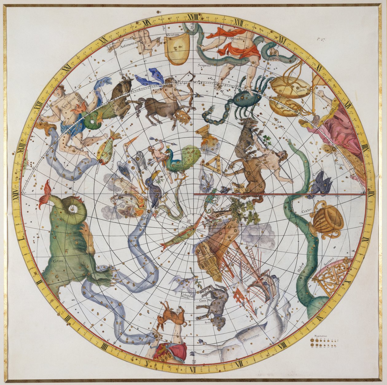 Tablica 27 z "Atlas Coelestis", autorstwa Johna Flamsteeda (1646-1719), opublikowana w 1729 r. (rycina ręcznie kolorowana) autorstwa James Thornhill