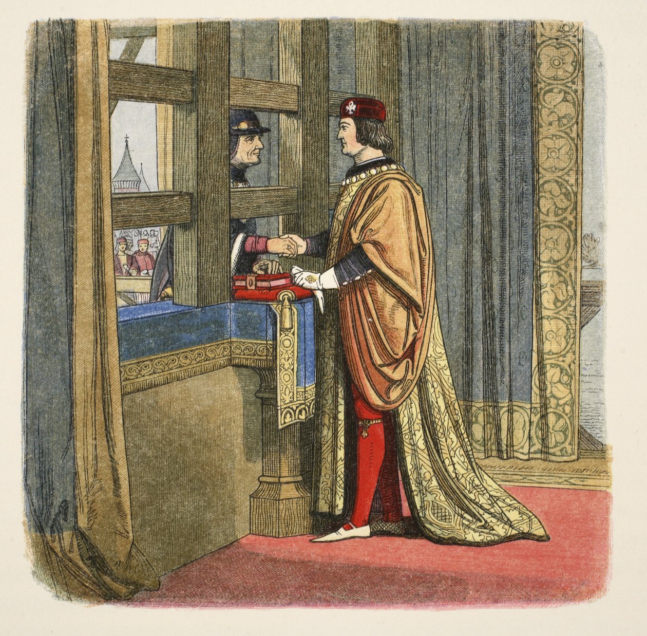 Spotkanie Edwarda IV i Ludwika XI z Francji w Pecquigny, 29 sierpnia 1475 r., z A Chronicle of England BC 55 to AD 1485, pub. London, 1863. autorstwa James William Edmund Doyle