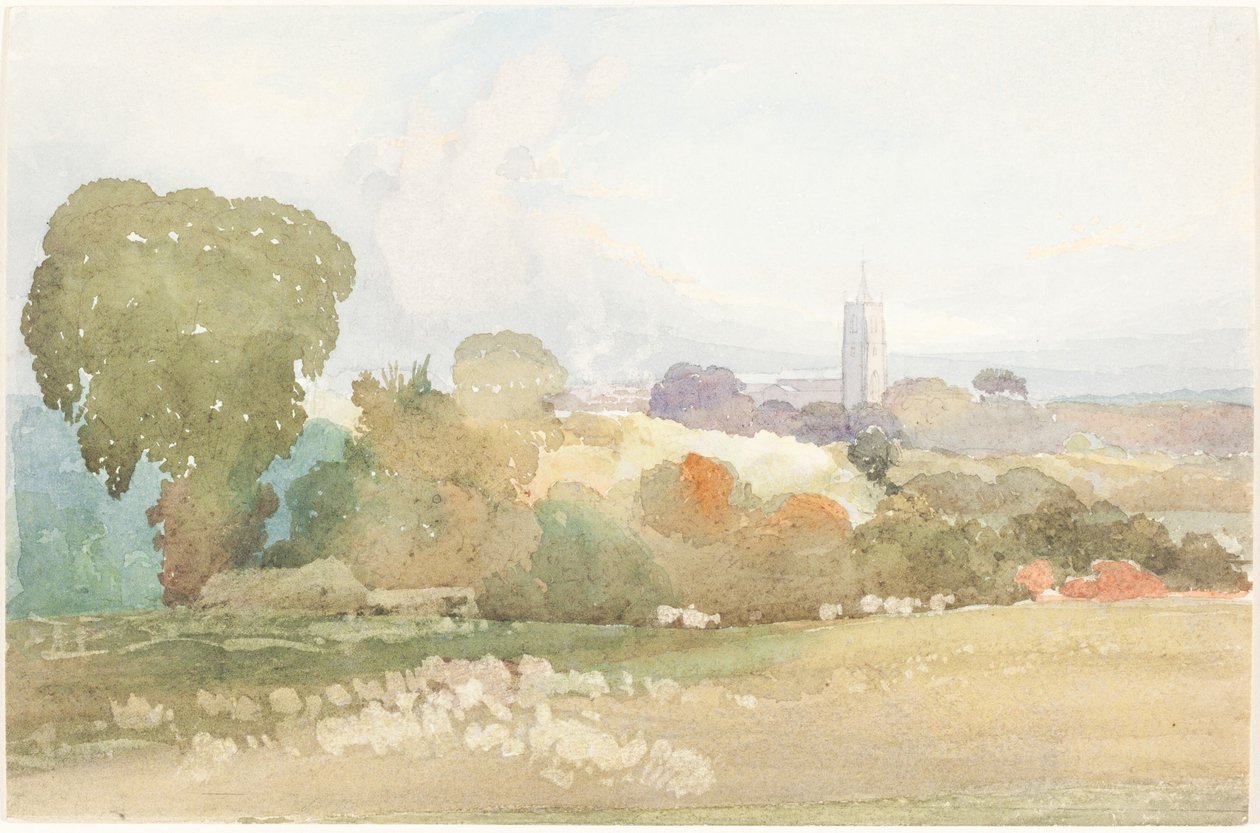 Krajobraz z wieżą kościelną, 1828. autorstwa James Bulwer