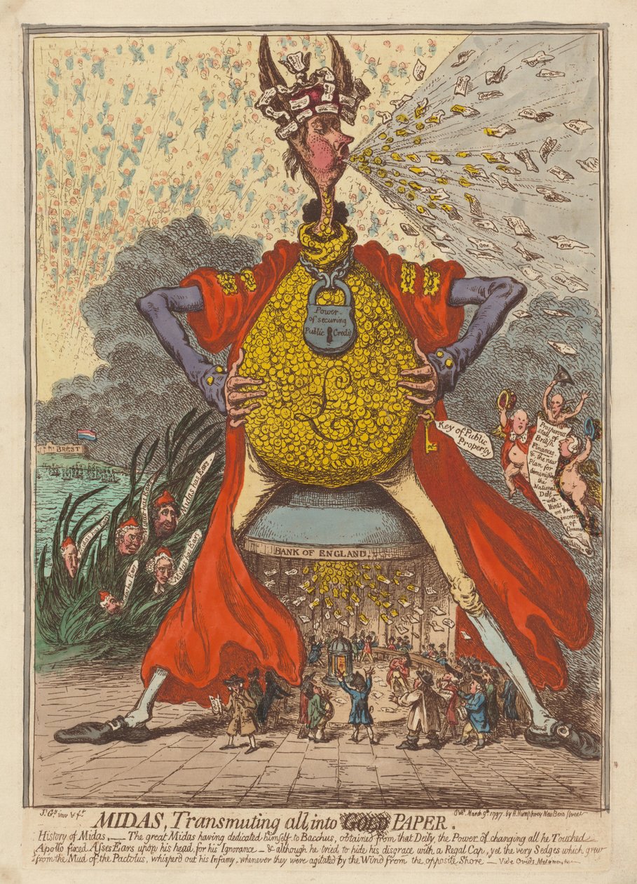 Midas, przemieniając wszystko w papier autorstwa James Gillray