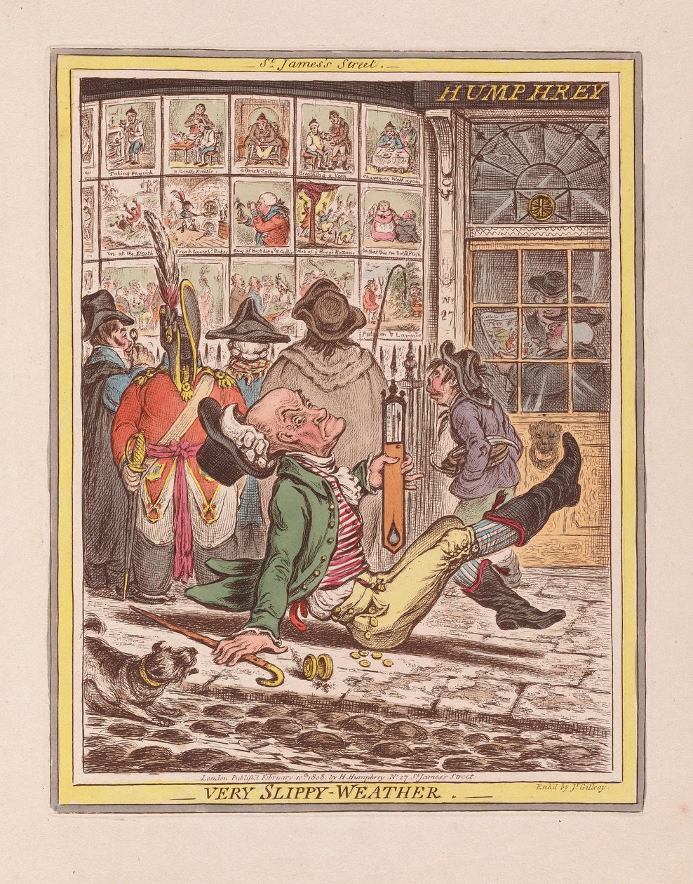 Bardzo śliska pogoda, pub. 1808 (grawerowanie ręcznie kolorowane) autorstwa James Gillray