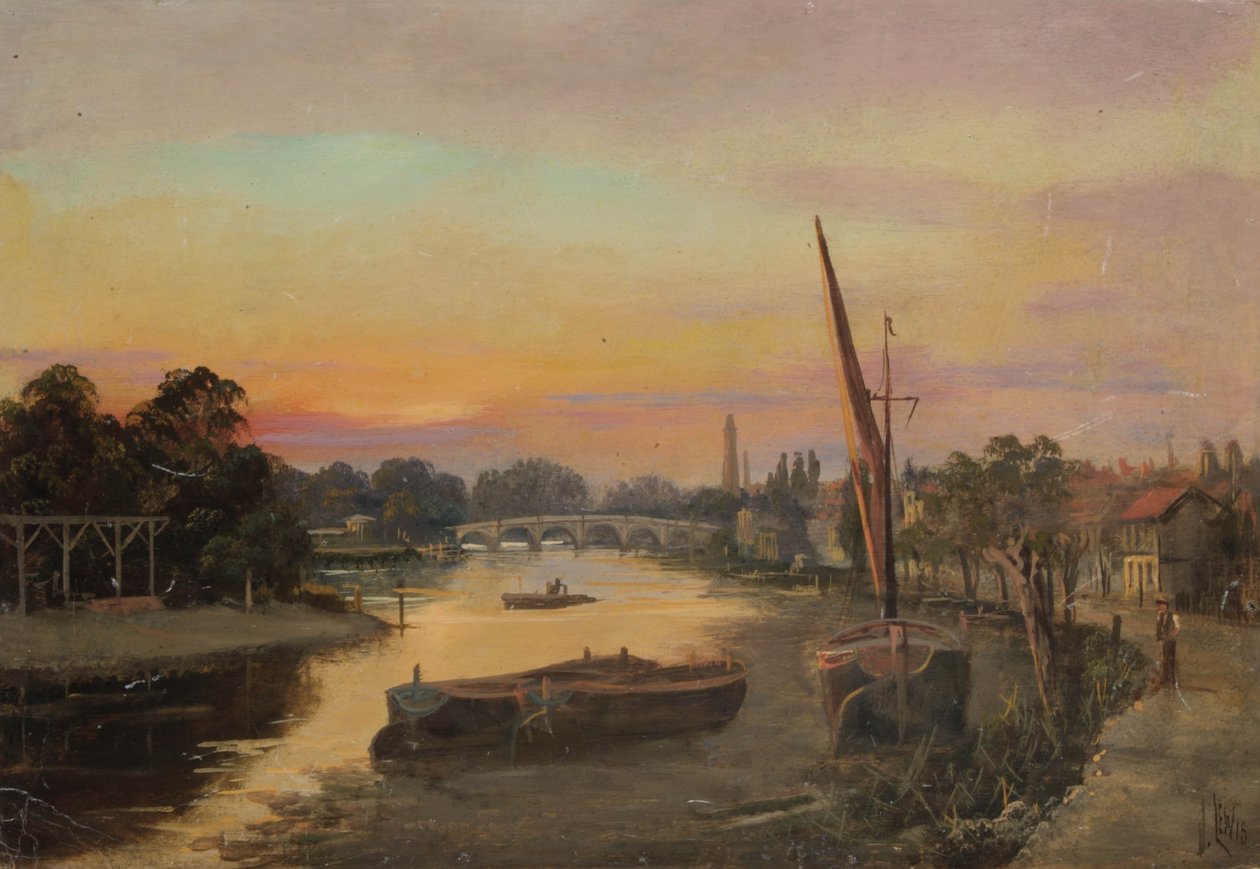 Kew o zachodzie słońca – most Kew autorstwa James Lewis