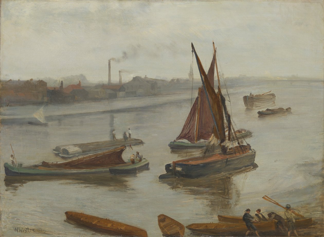 Szary i srebrny: Old Battersea Reach autorstwa James McNeill Whistler
