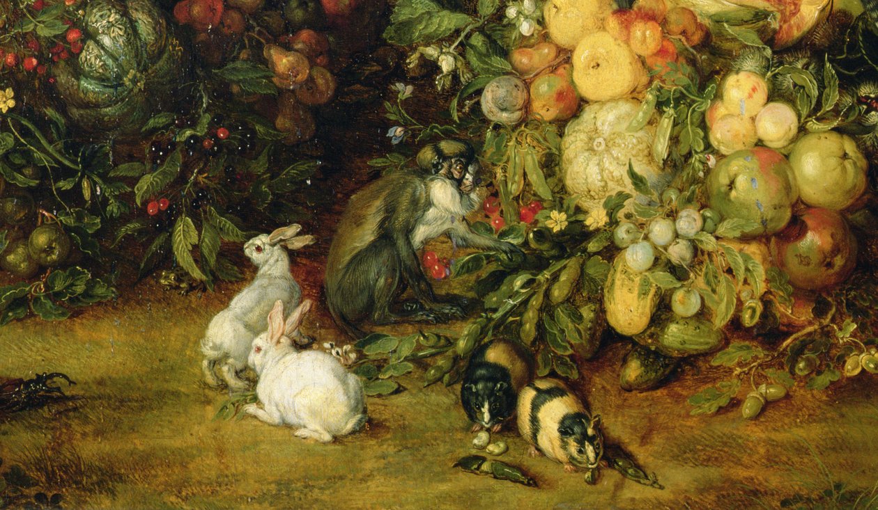 Dziewica z Dzieciątkiem w wianku z owoców i kwiatów, fragment zwierząt, ok. 1614-18 (detal z 36912) autorstwa Jan and Rubens, P.P. Brueghel