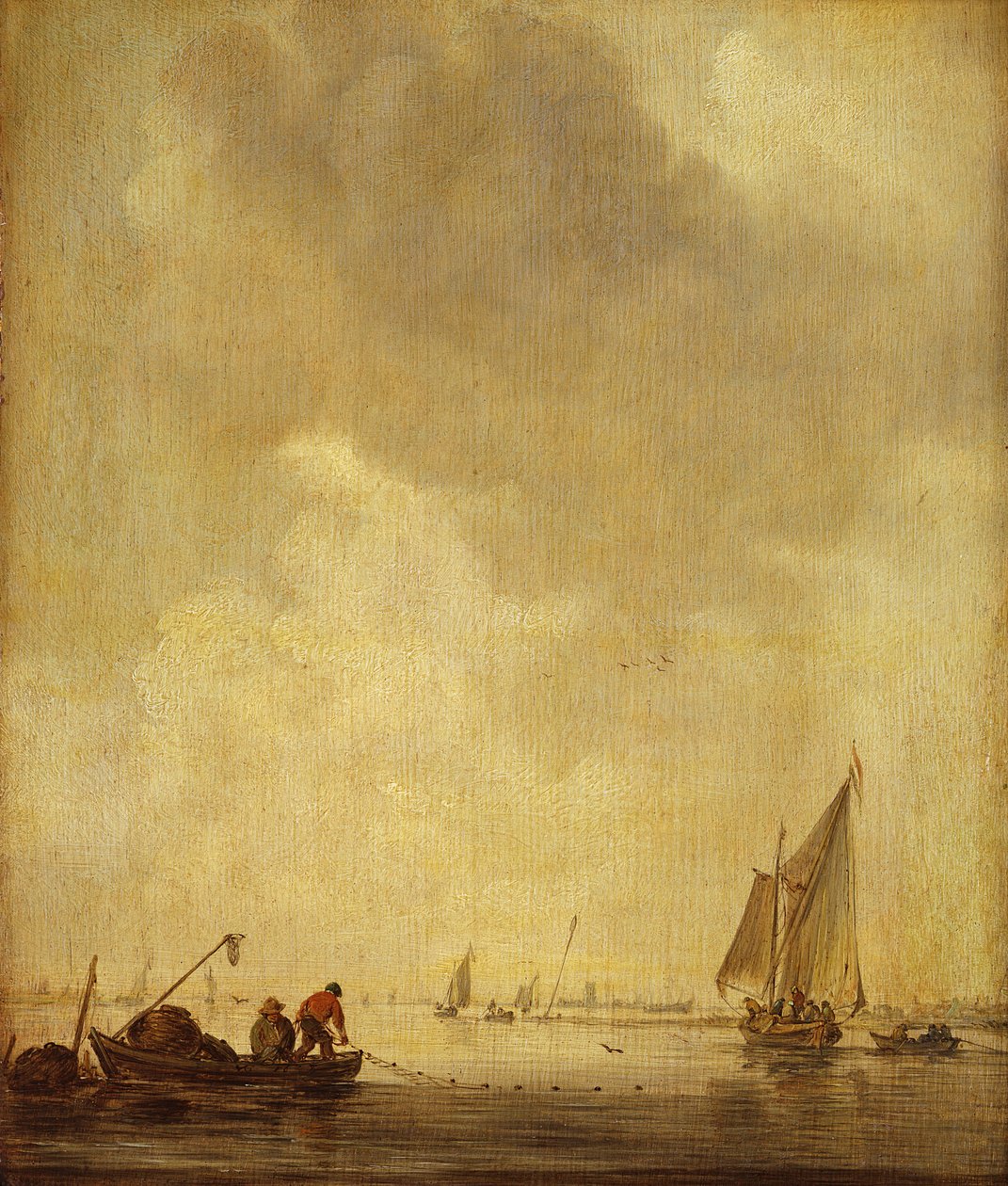 Scena rzeczna, z rybakami układającymi sieć, 1638 (olej na dębie) autorstwa Jan Josephsz van Goyen
