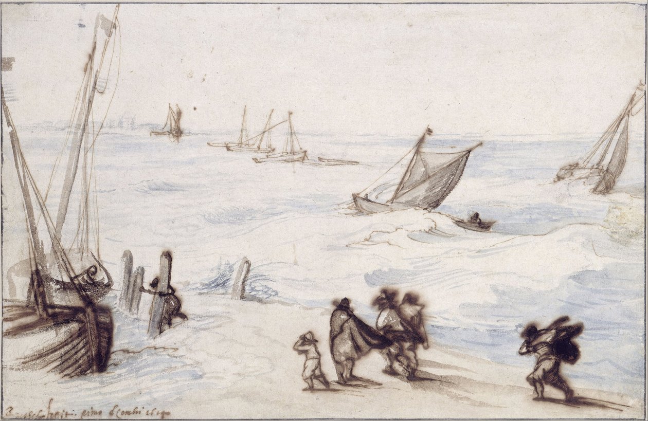 Plaża z żaglówkami i wzburzonym morzem autorstwa Jan the Elder Brueghel