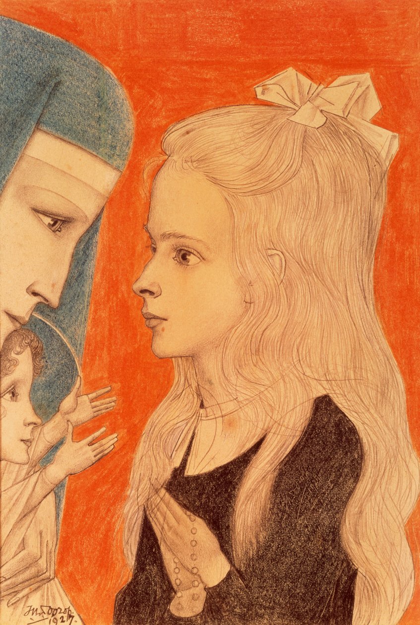 Modląca się dziewczynka, 1927 (kolorowany ołówek) autorstwa Jan Toorop