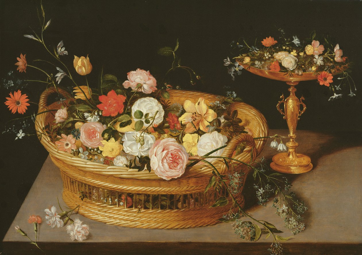 Kosz z kwiatami i srebrna, pozłacana tazza autorstwa Jan the Elder Brueghel