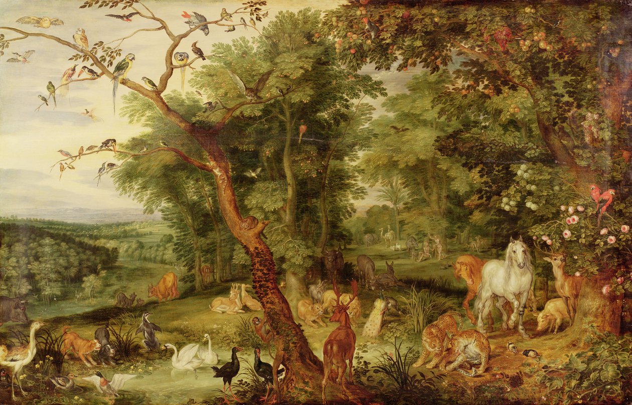 Ogród Edenu; w tle Kuszenie (olej na desce dębowej) autorstwa Jan the Elder Brueghel