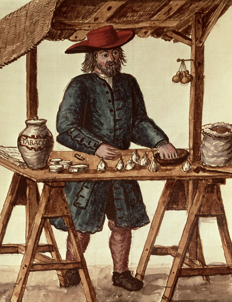 Wenecki sprzedawca tytoniu (pióro, tusz i wc na papierze) autorstwa Jan van Grevenbroeck