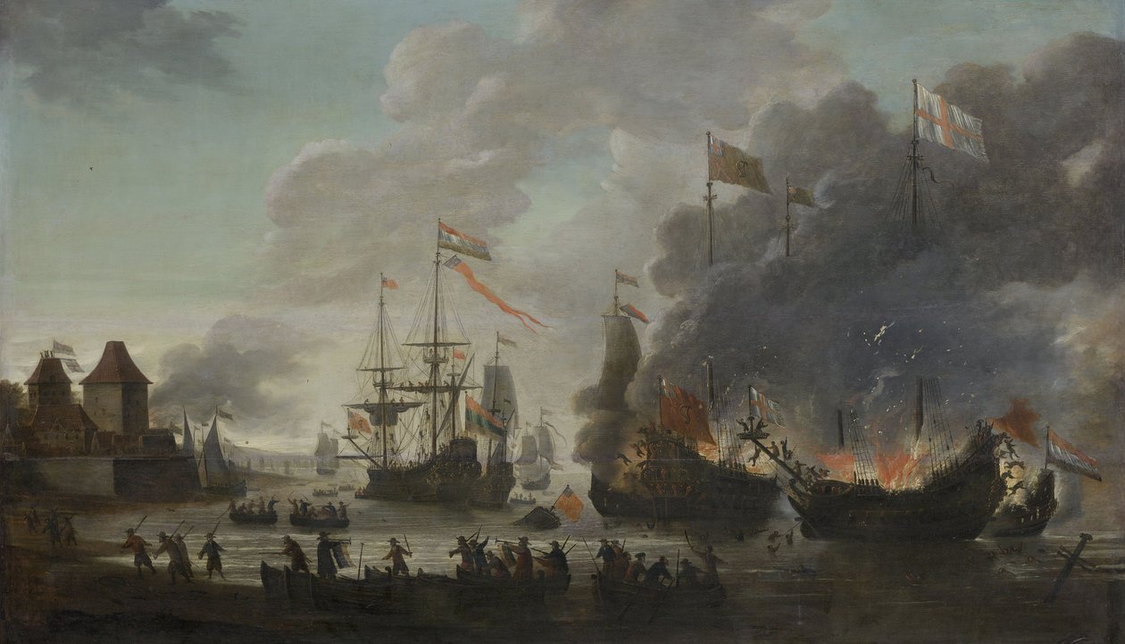 Holenderskie spalić angielskie statki podczas wyprawy do Chatham, 20 czerwca 1667 (nalot na Medway), c.1667 autorstwa Jan van Leyden