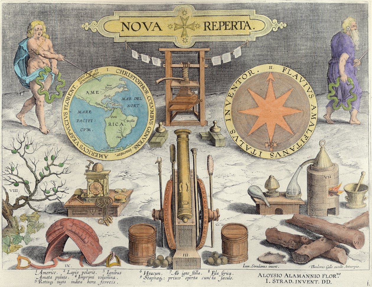 Frontispis do "Nova Reperta" (Nowe odkrycia) wyryty przez Theodora Galle (1571-1633) ok. 1600 r. (późniejsza koloryzacja) autorstwa Jan van der Straet