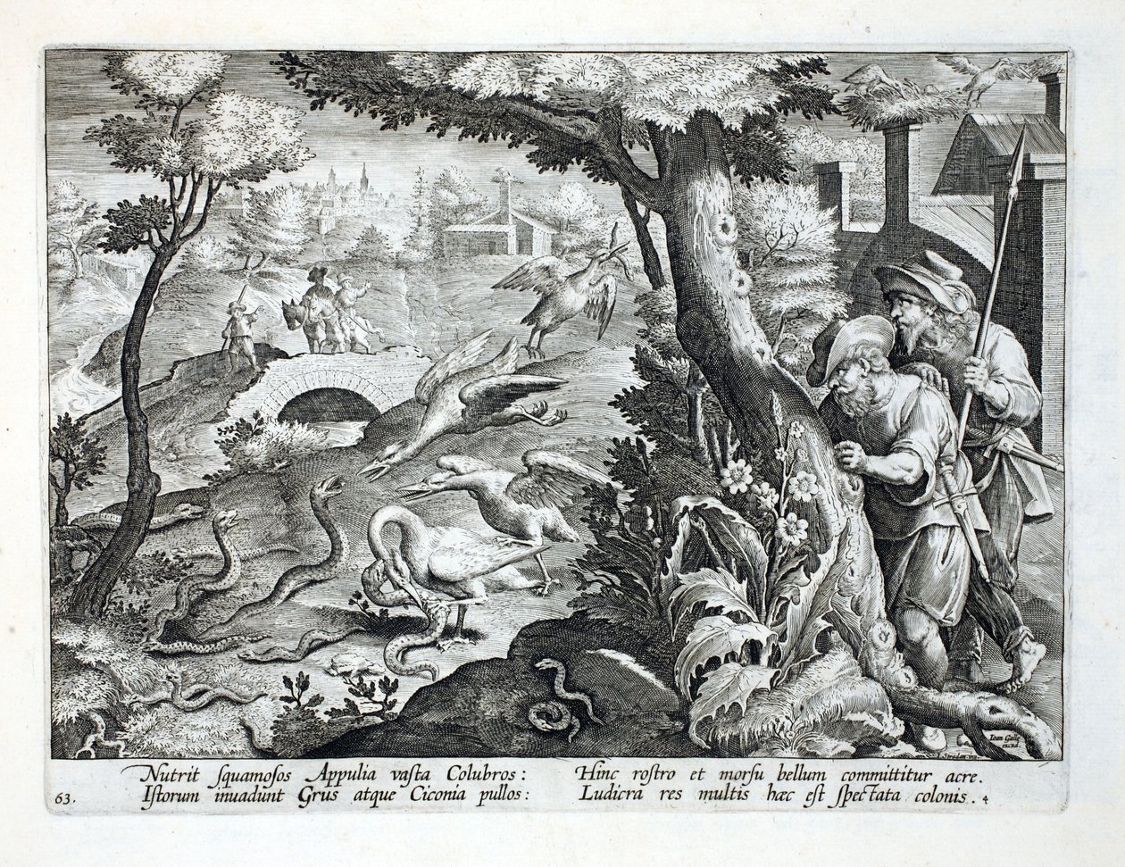 Żuraw wieżowy i ich pisklęta spadające na węże, ilustracja z „Venationes, Ferarum, Avium, Piscium” (O polowaniu: dzikie zwierzęta, ptaki, ryby), ryt. Jan Collaert (1566-1628), wyd. przez Phil autorstwa Jan van der Straet