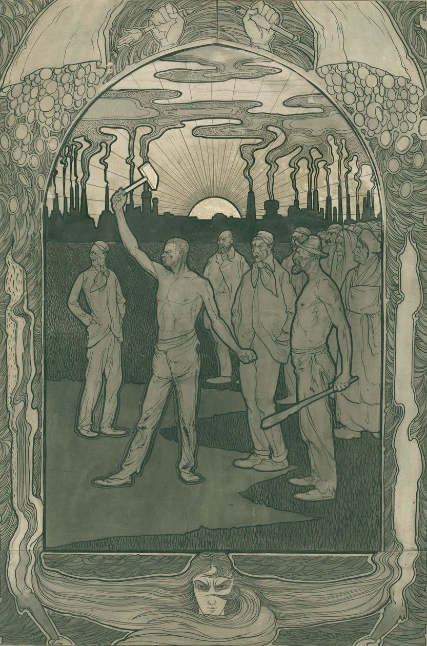 Robotnicy fabryczni stoją mocno zjednoczeni, 1900 (pióro na papierze) autorstwa Jan van der Vaardt