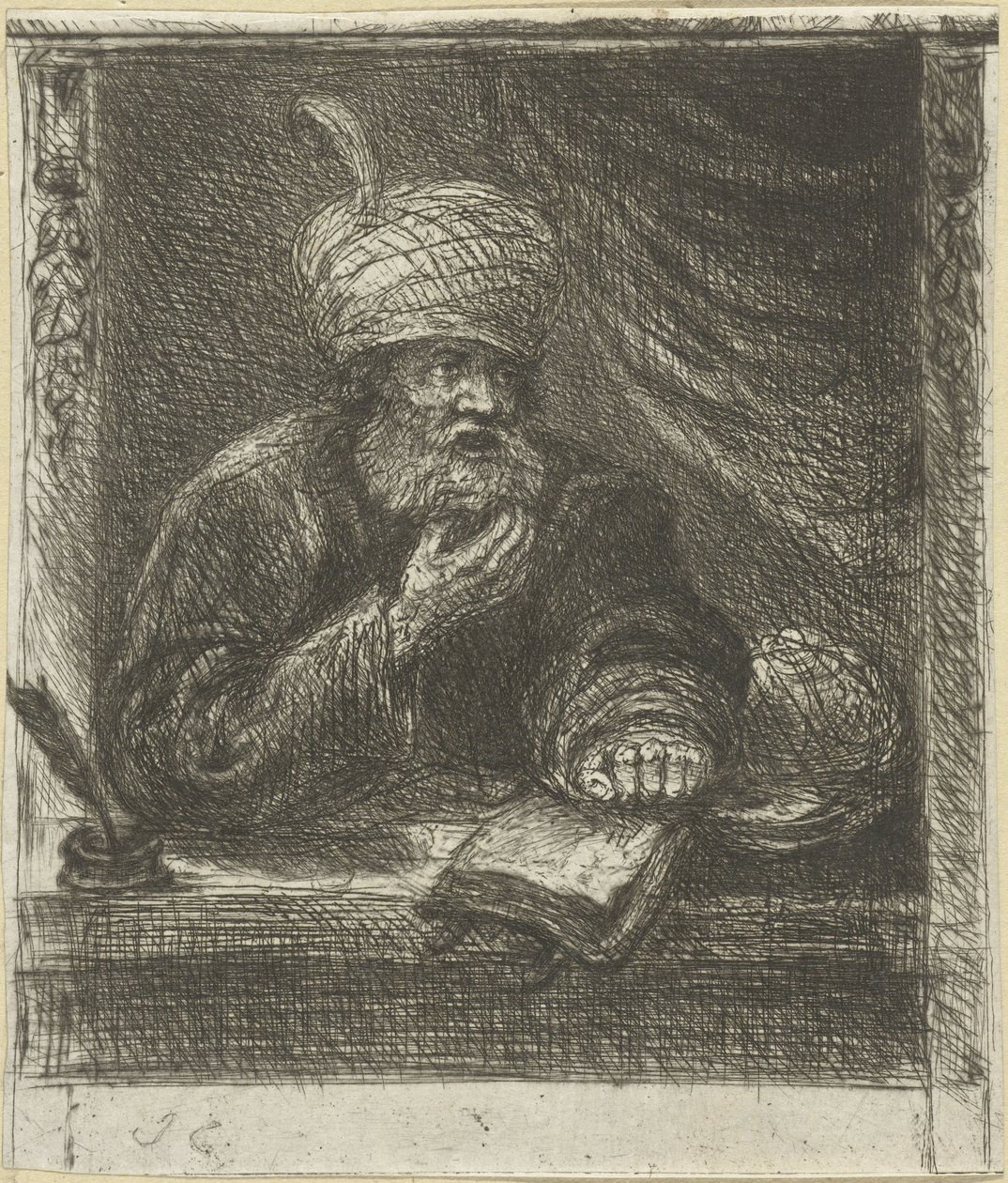 Mężczyzna w turbanie za stołem do pisania autorstwa Jan Chalon