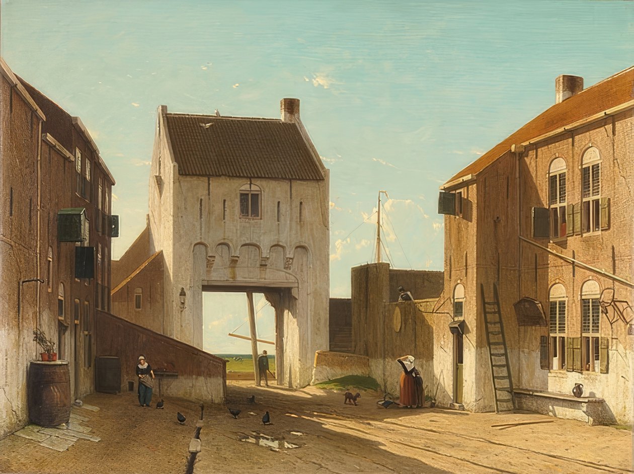 Brama miejska w Leerdam. Około 1868-70 autorstwa Jan Hendrik Weissenbruch