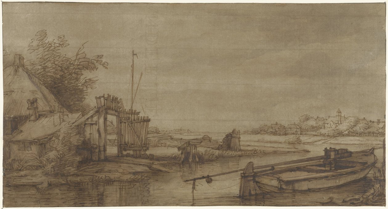 Widok żeglarski z farmą i leżącą barką autorstwa Jan Hulswit (possibly)