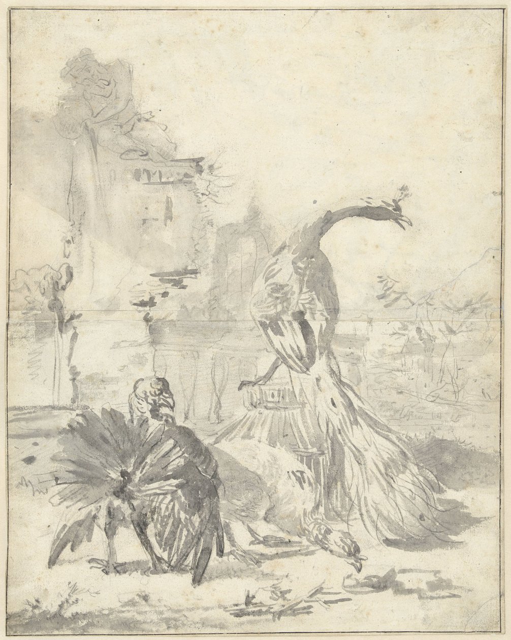 Hoenderhof z pawiem i dwoma indykami autorstwa Jan Baptist Weenix