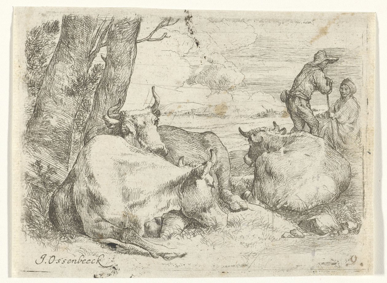 Trzy krowy i dwóch pasterzy autorstwa Jan van Ossenbeeck