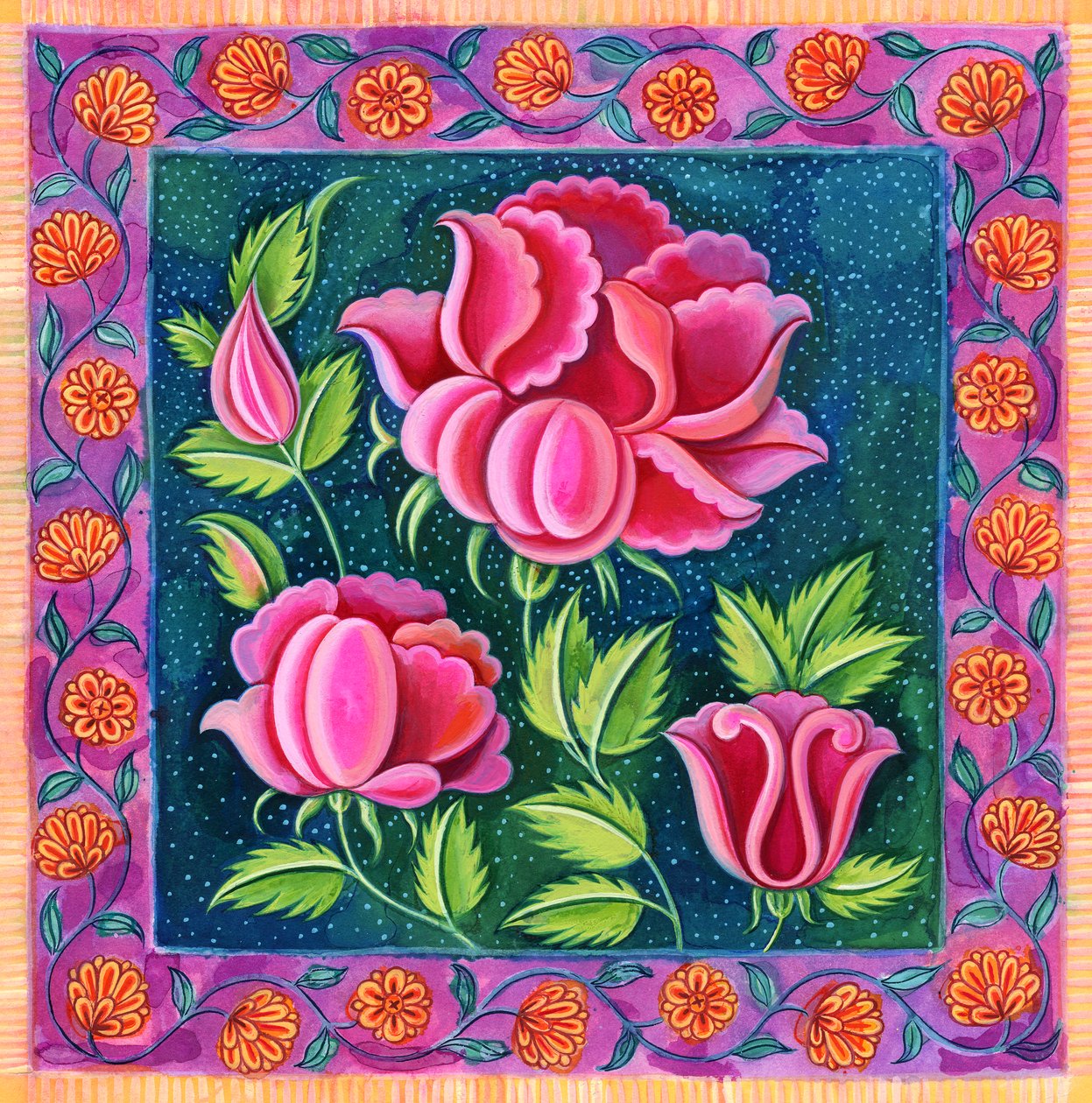 Różowe kwiaty, 1997, (atrament i gwasz) autorstwa Jane Tattersfield