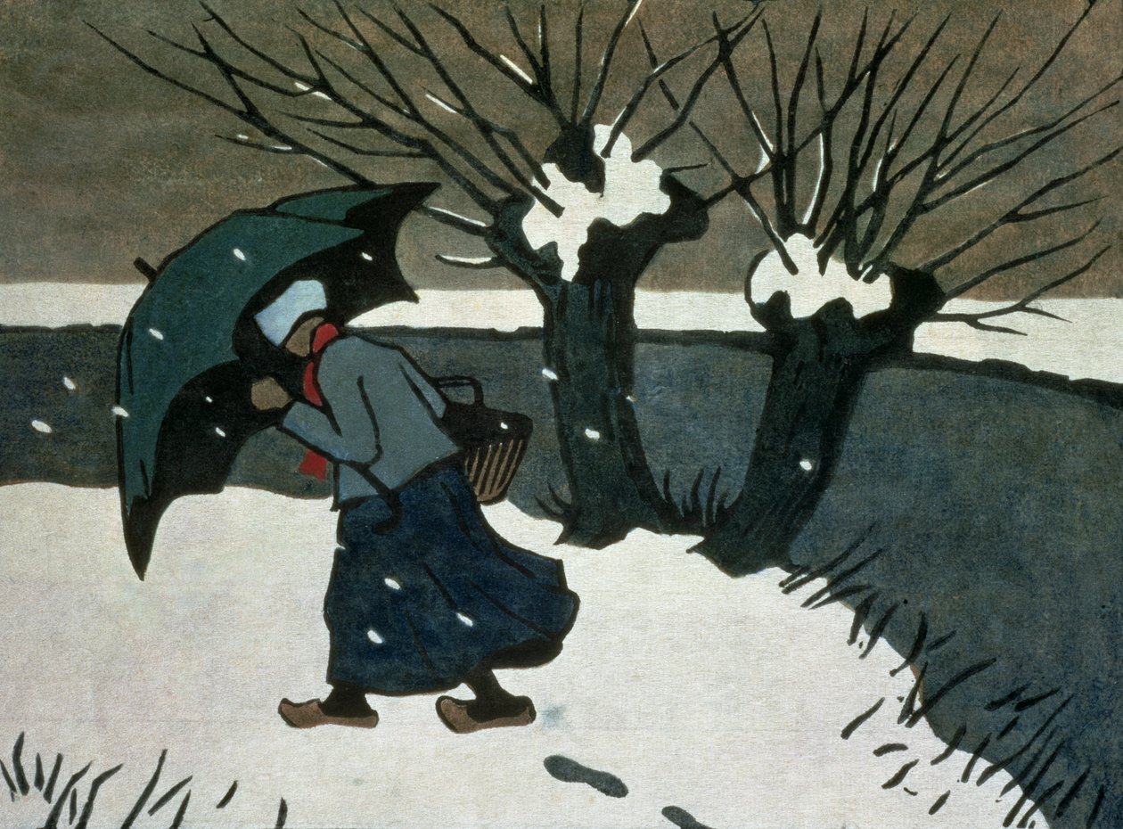 Burza śnieżna (drzeworyt na papierze) autorstwa Janet Fisher