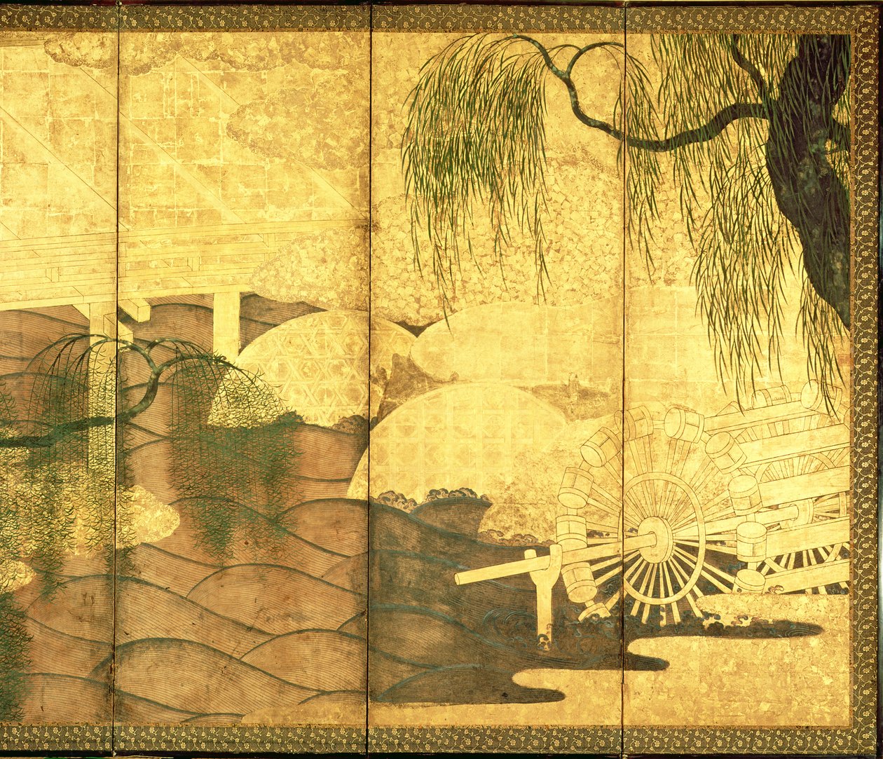 Most na rzece Liji (pióro i atrament, kolorowy i złoty papier na panelu) (patrz 216569) autorstwa Japanese School