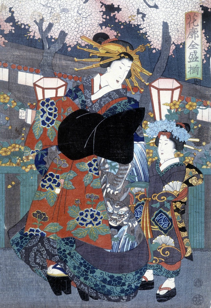 Grafika japońska: kobieta i dziecko, b.d. autorstwa Japanese School