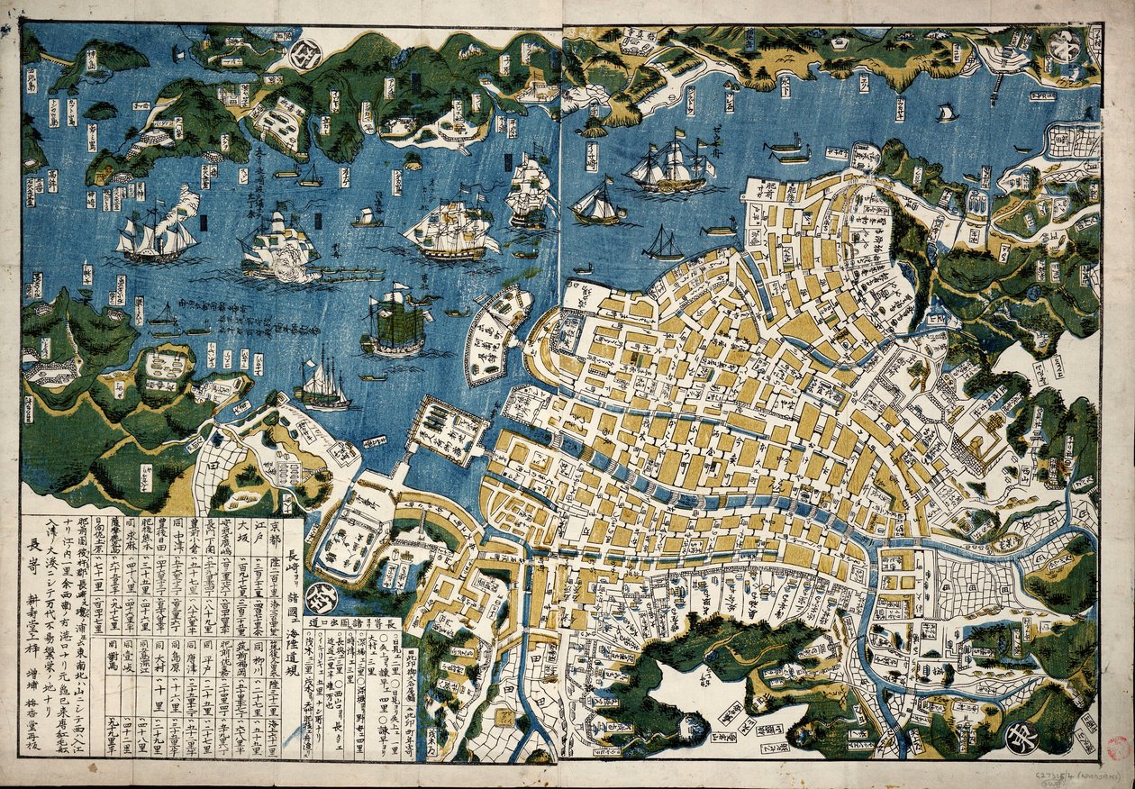 Mapa Nagasaki, Japonia, ok. 1868 r. (kolorowy drzeworyt) autorstwa Japanese School