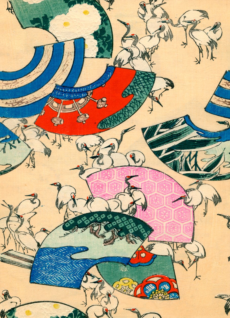 Wielokolorowe wentylatory z żurawiami autorstwa Japanese School