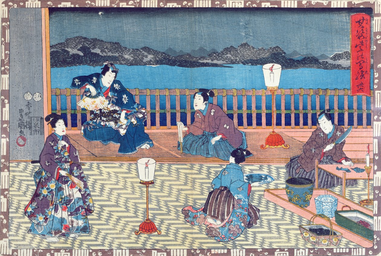Przygotowanie ryby (kolorowy drzeworyt) autorstwa Japanese School