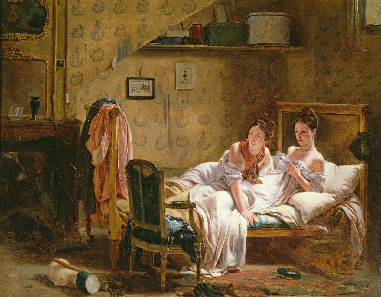 Dwie kobiety w łóżku niepokojone przez kota autorstwa Jean Alphonse Roehn