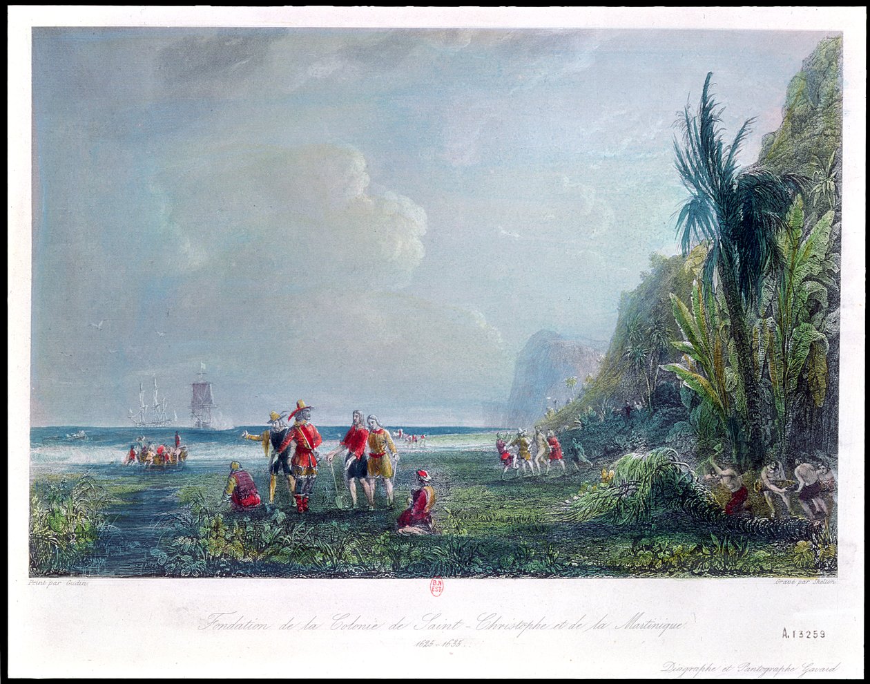 Założenie kolonii Saint-Christophe i Martynika około 1625-35 autorstwa Jean Antoine Theodore Gudin