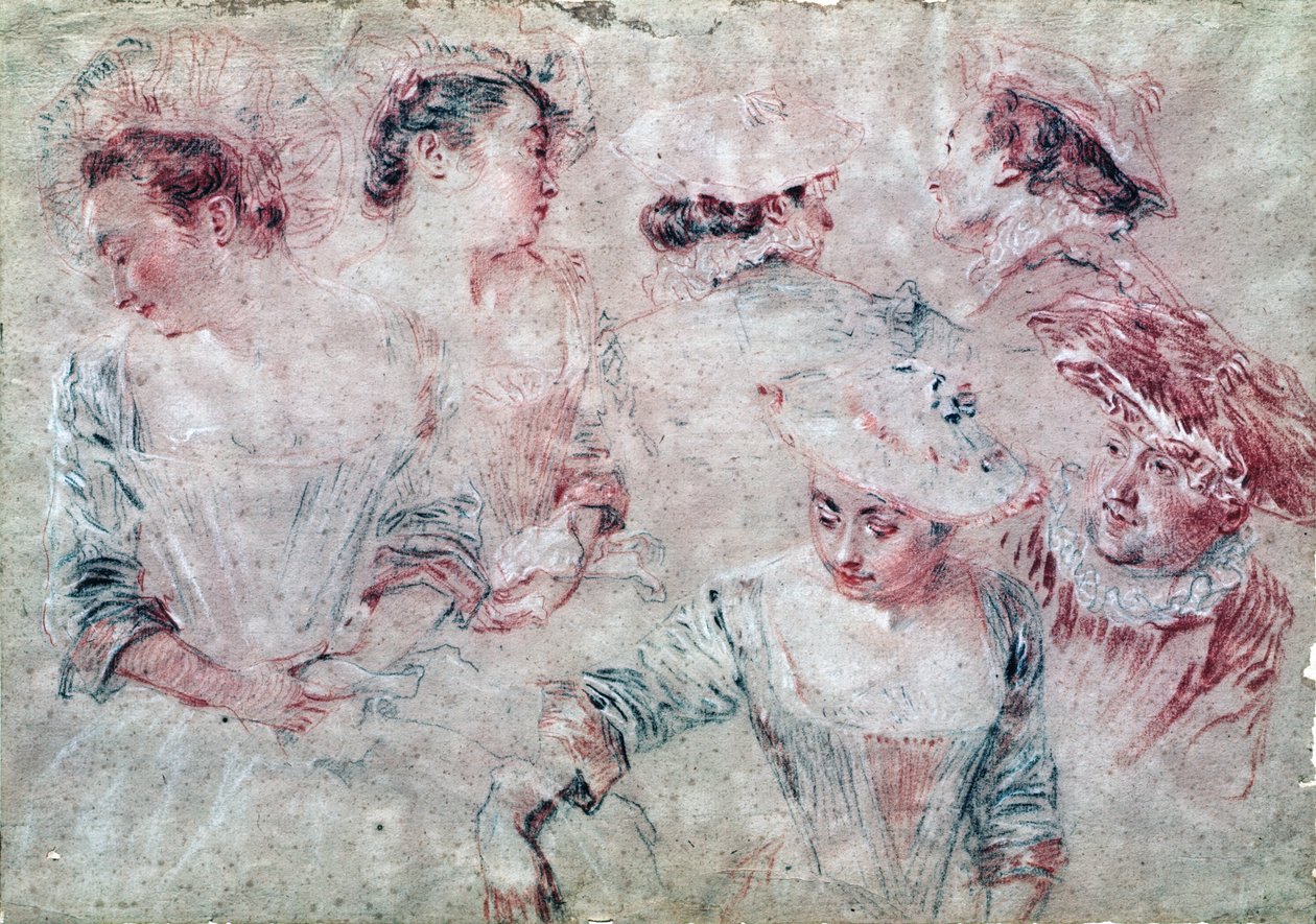 Sześć studiów (węgiel drzewny i czerwona kreda na papierze) autorstwa Jean Antoine Watteau