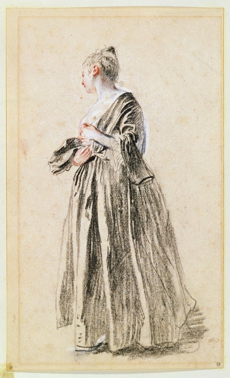 Stojąca kobieta (czerwona, czarna i biała kreda na papierze) autorstwa Jean Antoine Watteau
