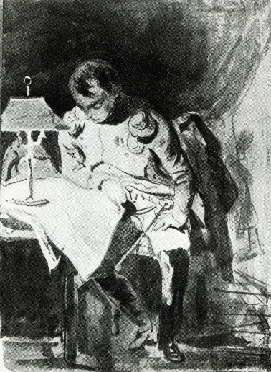 Napoleon studiuje swoje mapy przy świetle lampy, ok. 1800 (tusz indyjski) autorstwa Jean Auguste Dominique Ingres