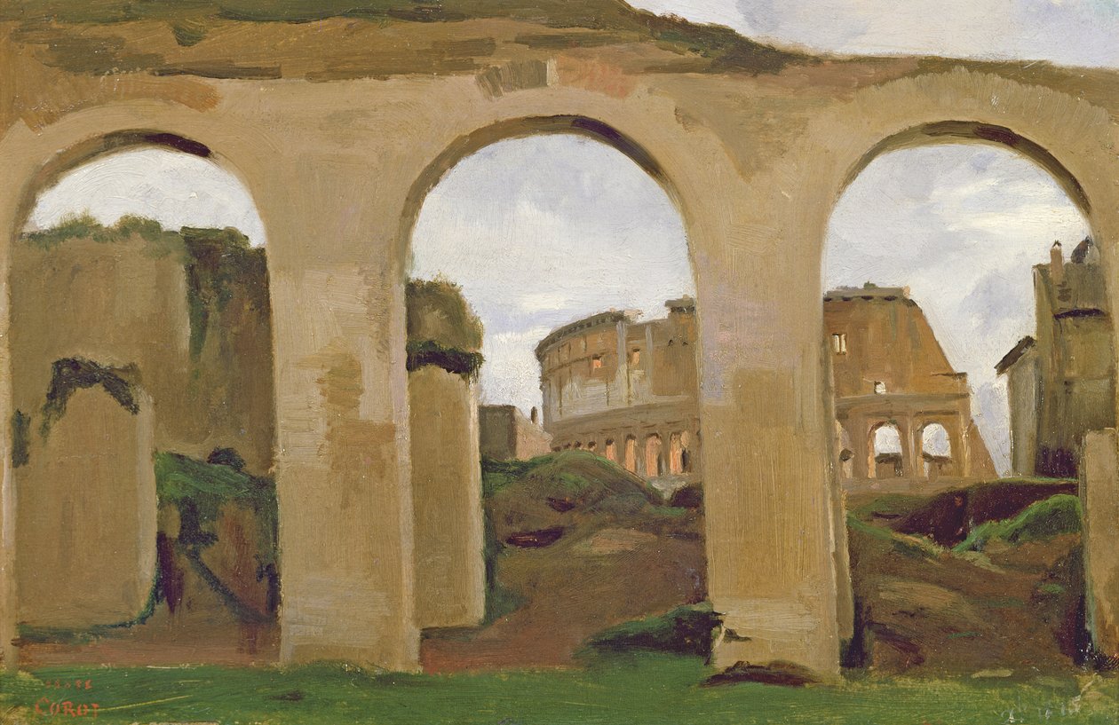 Koloseum widziane przez arkady bazyliki Konstantyna, 1825 (olej na papierze) autorstwa Jean Baptiste Camille Corot