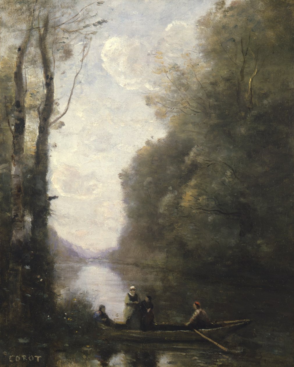 Przewoźnik opuszczający bank z dwiema kobietami, 1865 autorstwa Jean Baptiste Camille Corot