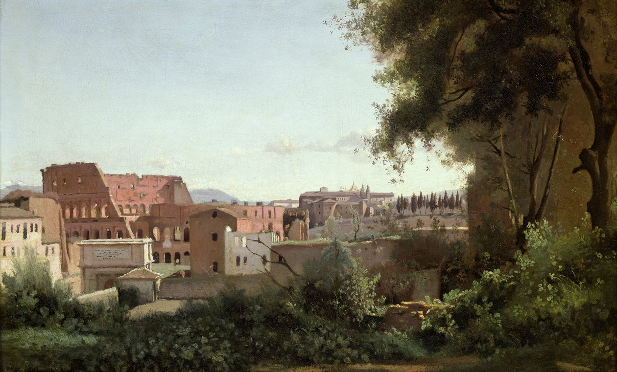 Widok Koloseum z Ogrodów Farnese, 1826 (olej na papierze nałożony na płótno) autorstwa Jean Baptiste Camille Corot