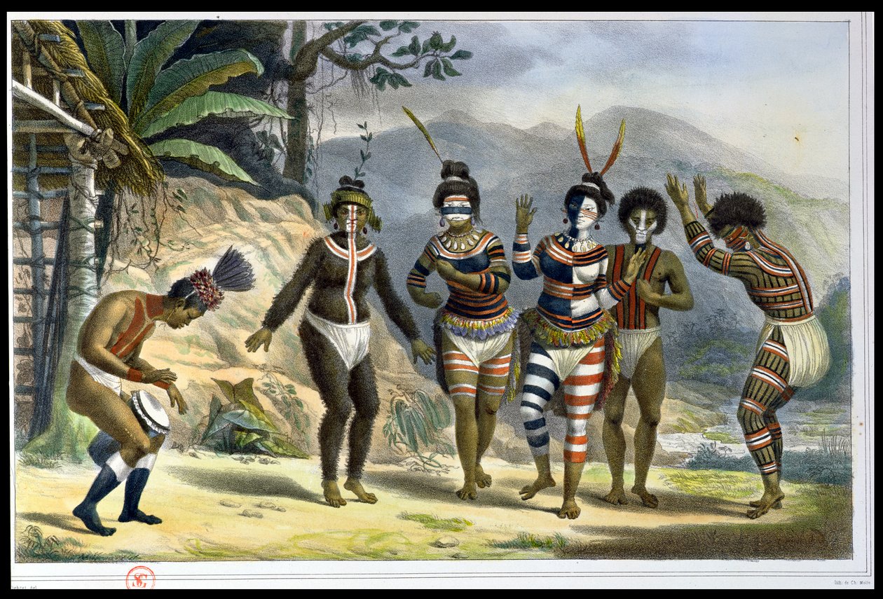 Indianie tańczący w misji San Jose, z „Voyage Pittoresque et Historique au Bresil”, sztychowanej przez Charlesa Etienne Pierre Motte (1785-1836) opublikowanej w 1839 r. autorstwa Jean Baptiste Debret