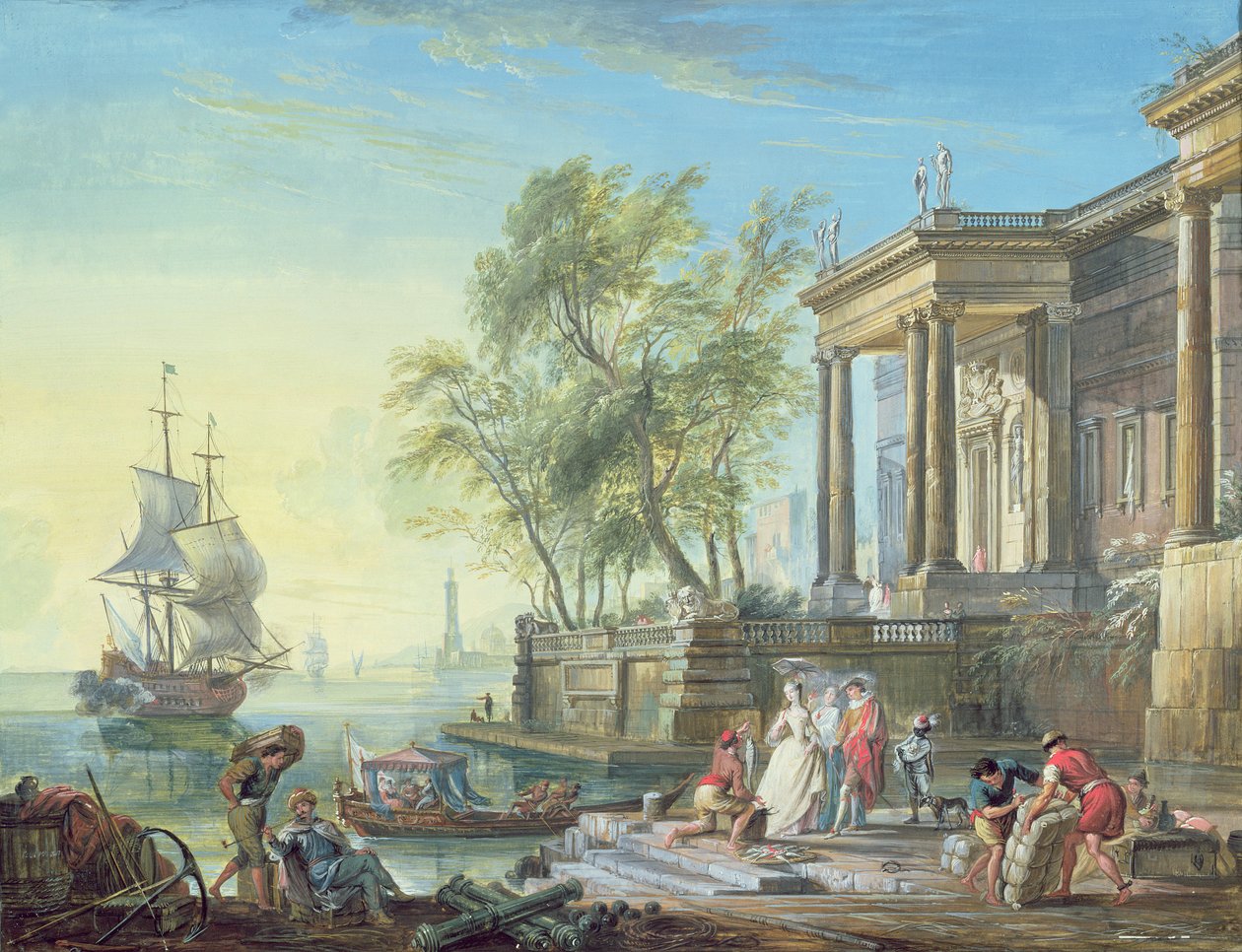 Scena portowa z zachodzącym słońcem autorstwa Jean Baptiste Lallemand