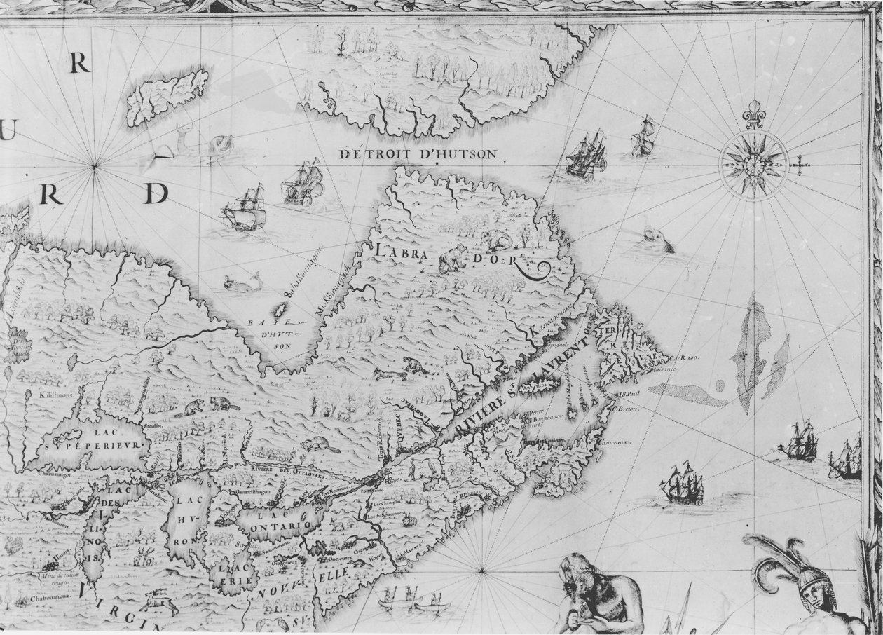 Mapa Nowej Francji poświęcona Colbertowi przez Duchesneau, Intendent, 1681 (szczegół) (patrz także 164768) autorstwa Jean Baptiste Louis Franquelin