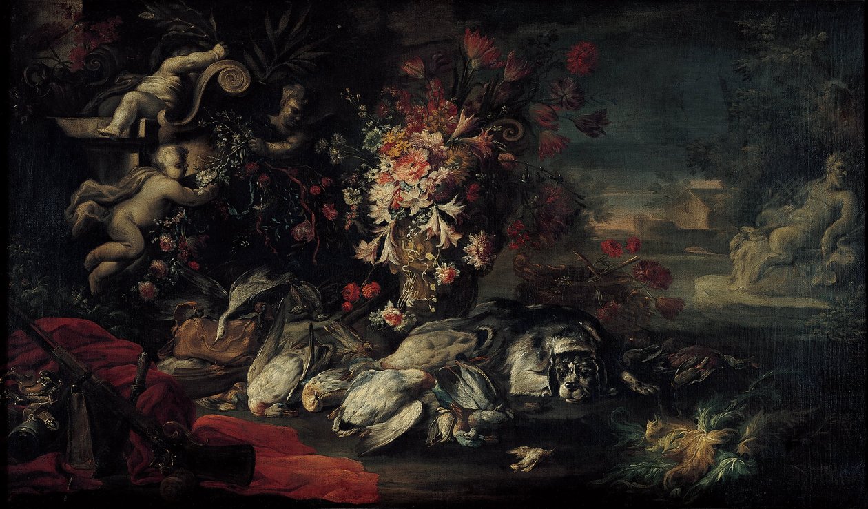 Śmierć natura ze sprzętem do strzelania i kwiatami II autorstwa Jean Baptiste Oudry