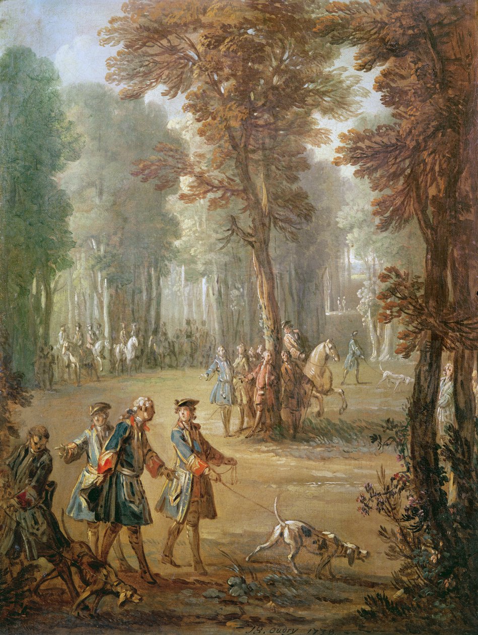 Ludwik XV (1710-1774) i jego ogar w Puys, rysunek do gobelinu, 1738 (patrz także 3328) autorstwa Jean Baptiste Oudry