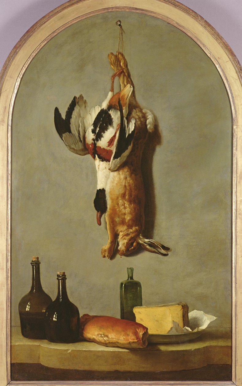 Martwa natura (zając, kaczka, butelki, chleb i ser), 1742 autorstwa Jean Baptiste Oudry