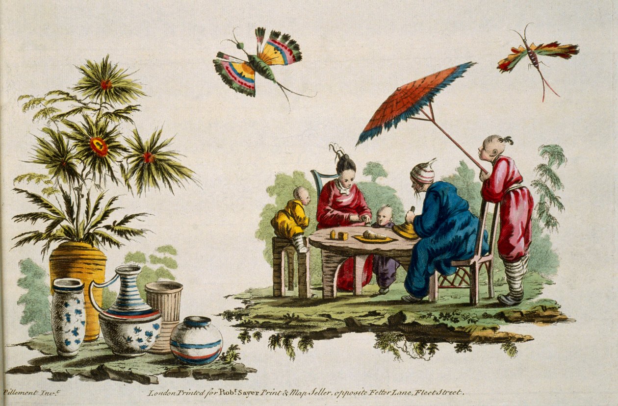 Ilustracja przedstawiająca postacie w japońskich strojach i parasolach z filmu For Ladies Amusement..Art of Japanning..Pillement, Jean Baptiste (1728-1808) autorstwa Jean Baptiste Pillement