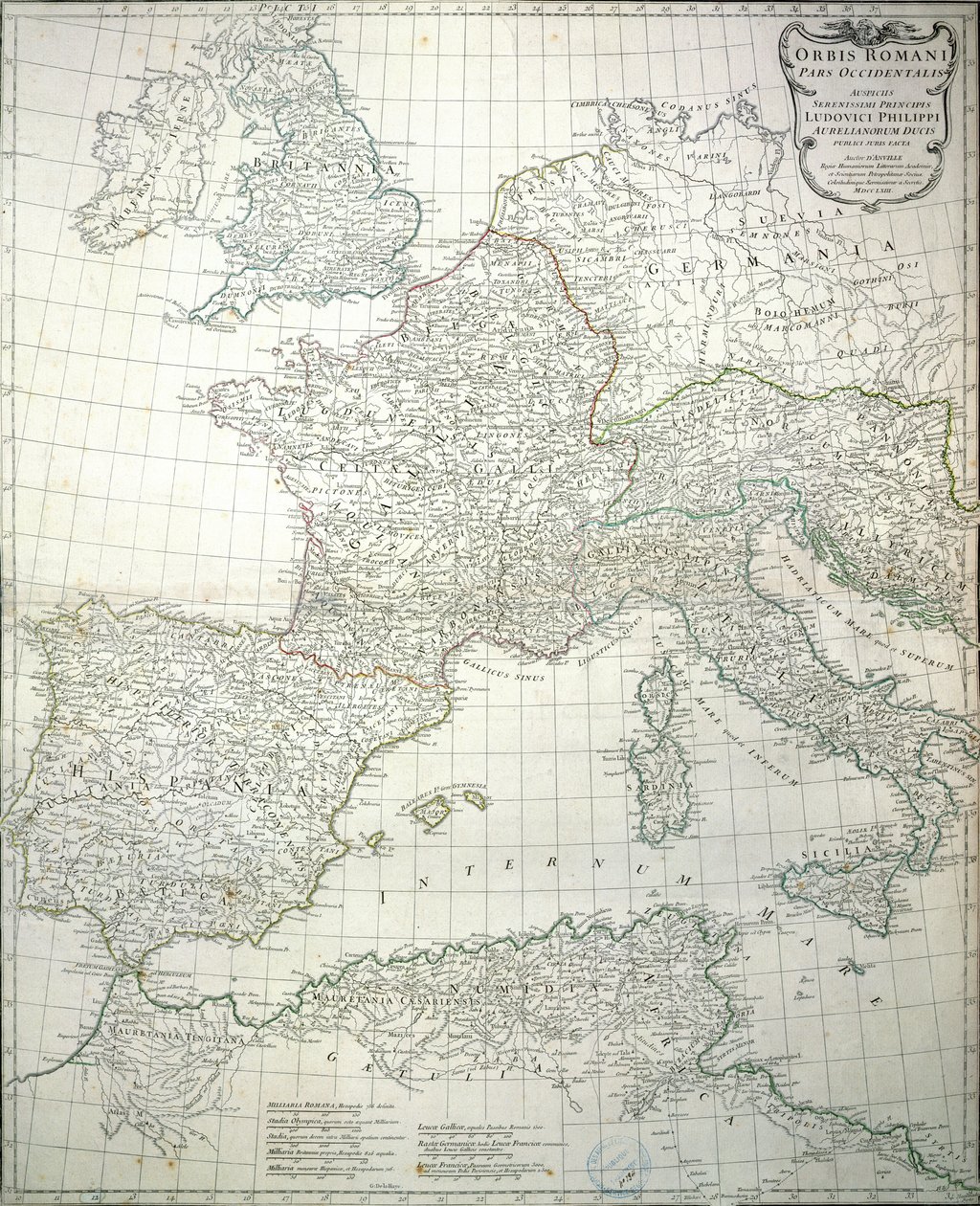 Mapa zachodniej części Cesarstwa Rzymskiego, 1763 r. autorstwa Jean Baptiste d