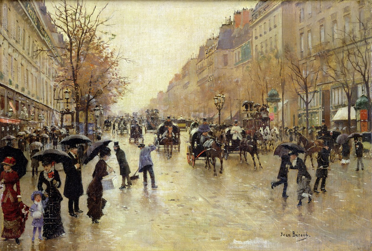 Boulevard Poissonniere w deszczu, ok.1885 autorstwa Jean Beraud