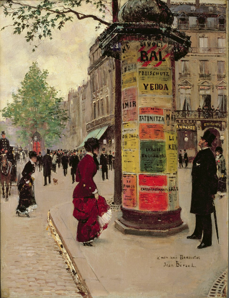 Kiosk Paryski, początek lat 80. XIX wieku (olej na tkaninie) autorstwa Jean Beraud