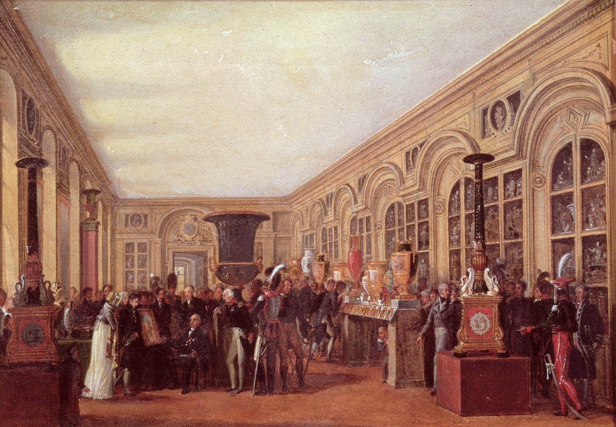 Alexandre Brongniart (1770-1847) Przedstawienie artystów warsztatu Sevres Ludwikowi XVIII (1755-1824) (olej na papierze) autorstwa Jean Charles Develly