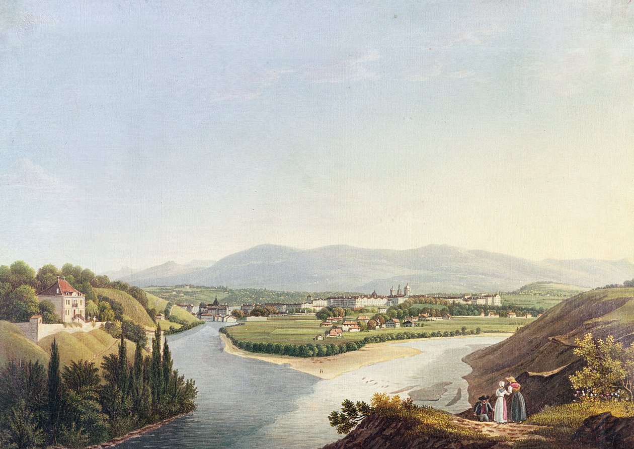 Widok Genewy u zbiegu Rodanu i Arve, rytowany przez Friedricha Salathe (1793-1860) autorstwa Jean Dubois